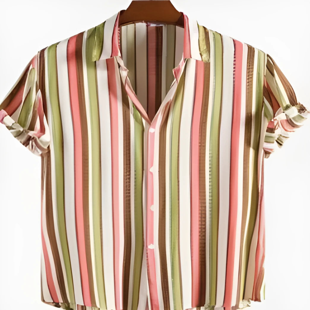 Men's short-sleeved casual shirt featuring a digital print pattern, suitable for summer wear.