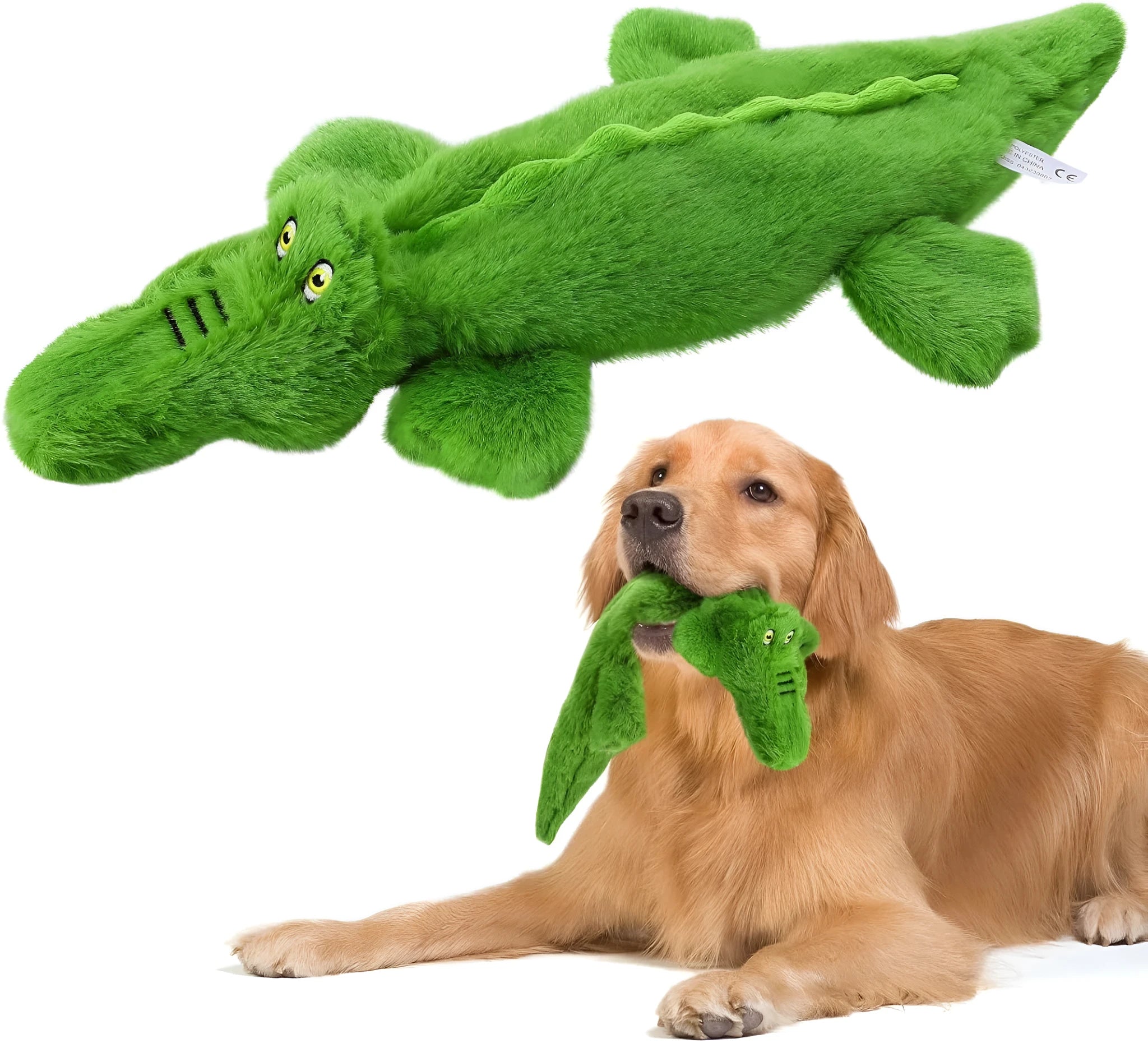 Green plush crocodile dog toy with no-stuffing construction and squeaker features