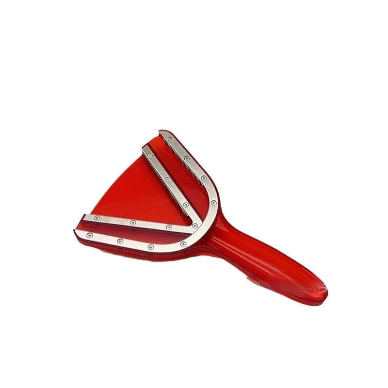 Telescopic red plastic can and bottle opener with adjustable length handle on a kitchen worktop.