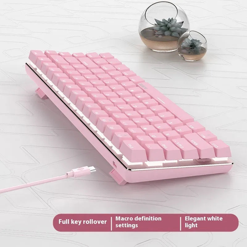 Pink 82-key mechanical keyboard with white backlight on a metal case.