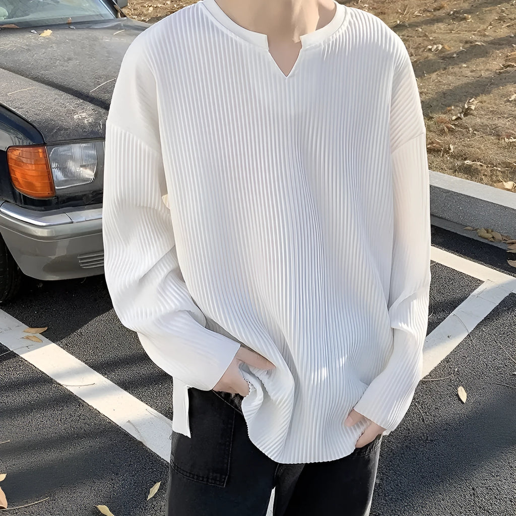 Plus size striped texture draping pullover top in gray, loose fit long sleeve blouse for women