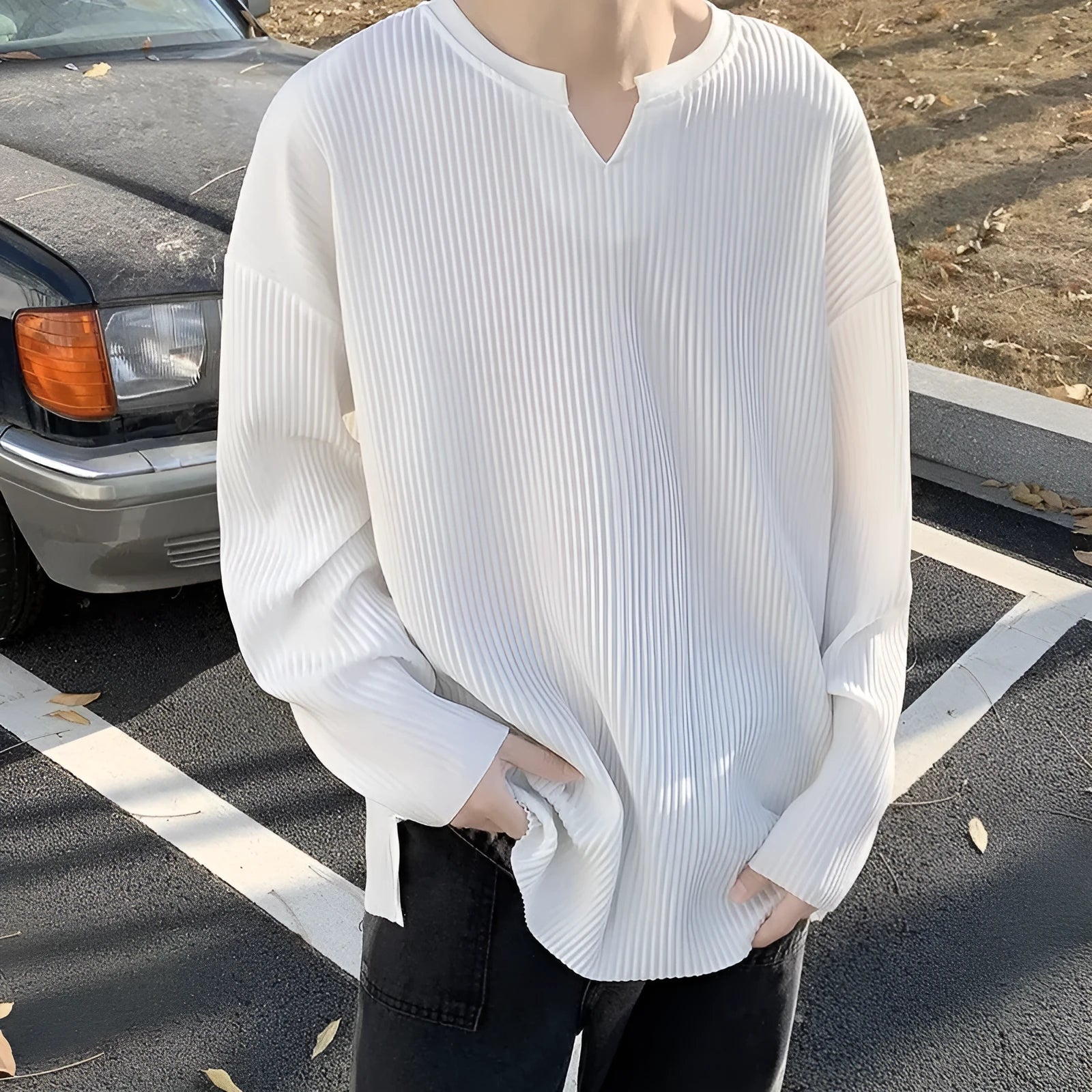 Plus size striped texture draping pullover top in gray, loose fit long sleeve blouse for women