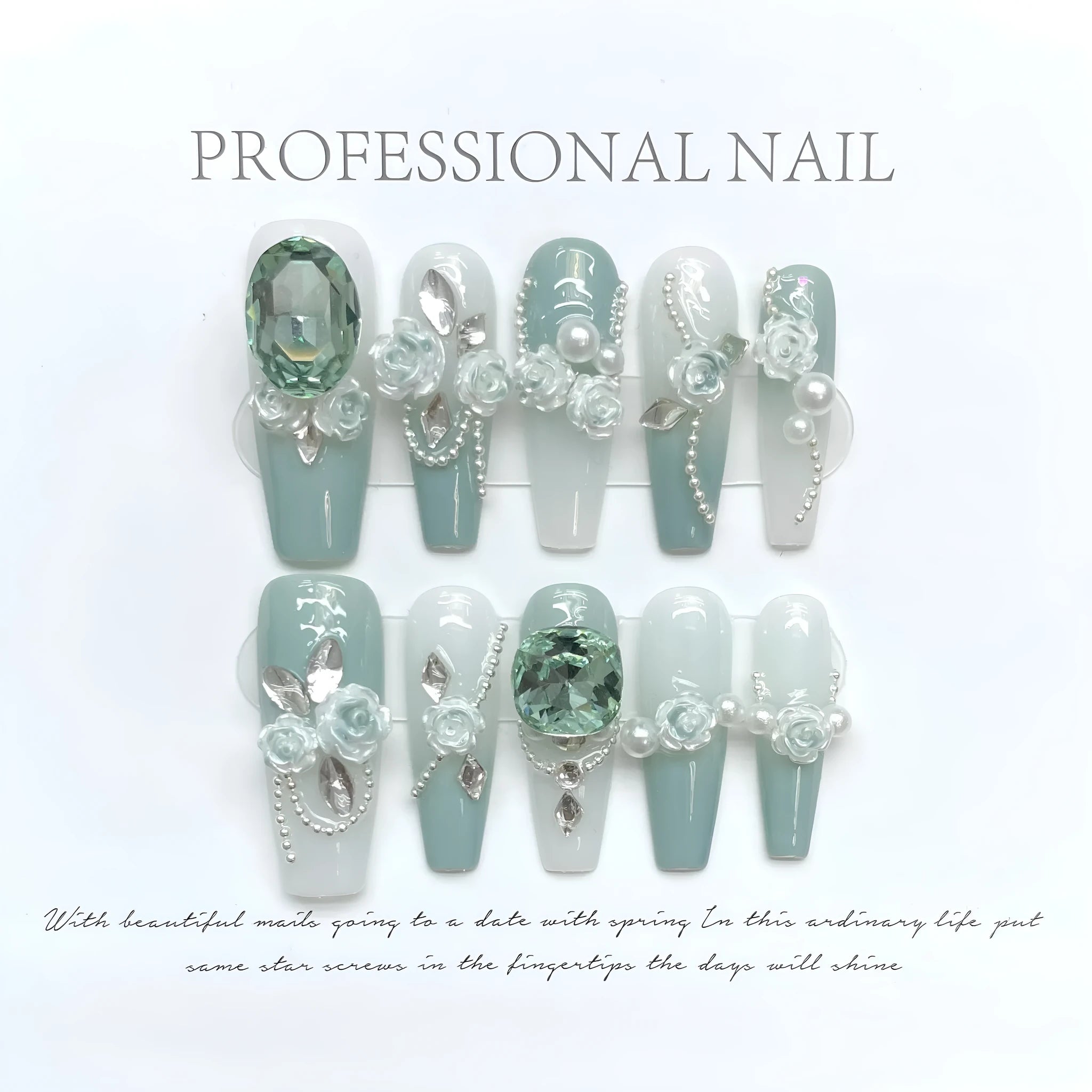 Camellia gradient nail art set with diamond chains, bow and butterfly patterns, and plastic armour suit