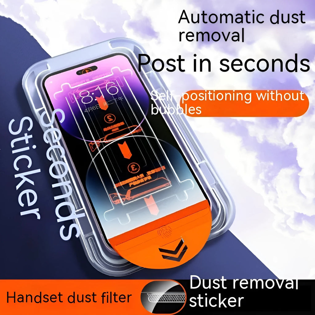 iPhone tempered glass privacy screen protector showing dust-free warehouse design and packaging.