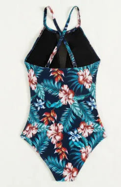 Women's deep V neck printed one-piece swimsuit in conservative European style