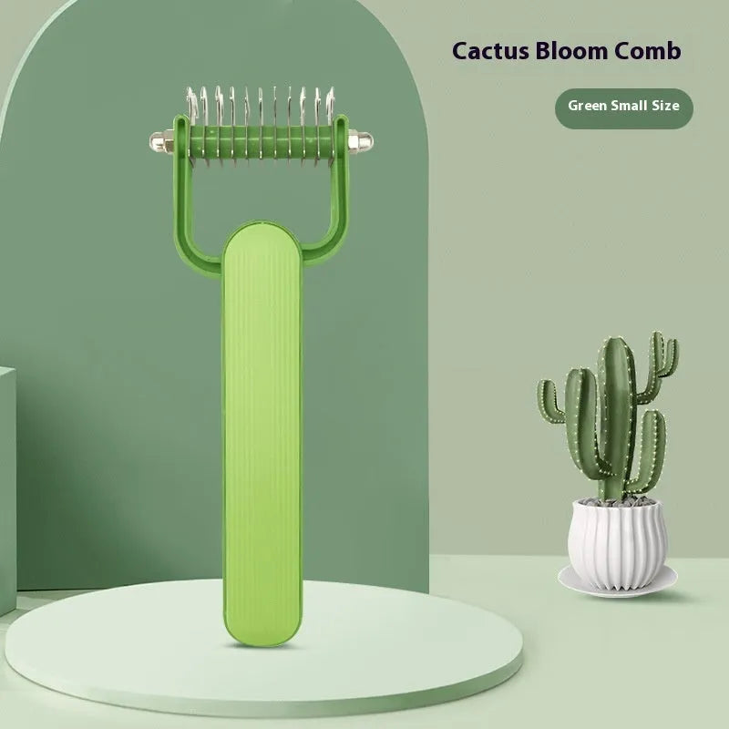Green and grey dog unknotting combs with stainless steel teeth and plastic handles in small and large sizes.