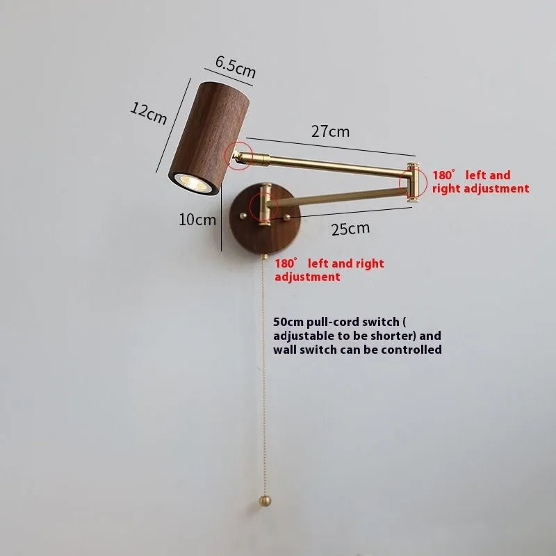 Retro rotating wall lamp with switch, long arm spot light in walnut wood and iron finish