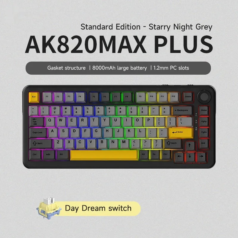 Three-mode wireless mechanical keyboard with PBT keycaps in black, grey and yellow colours