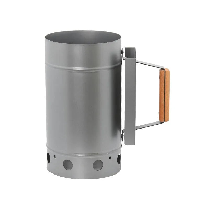 Zinc-iron alloy charcoal fire starter bucket with oven igniter for outdoor barbecues.