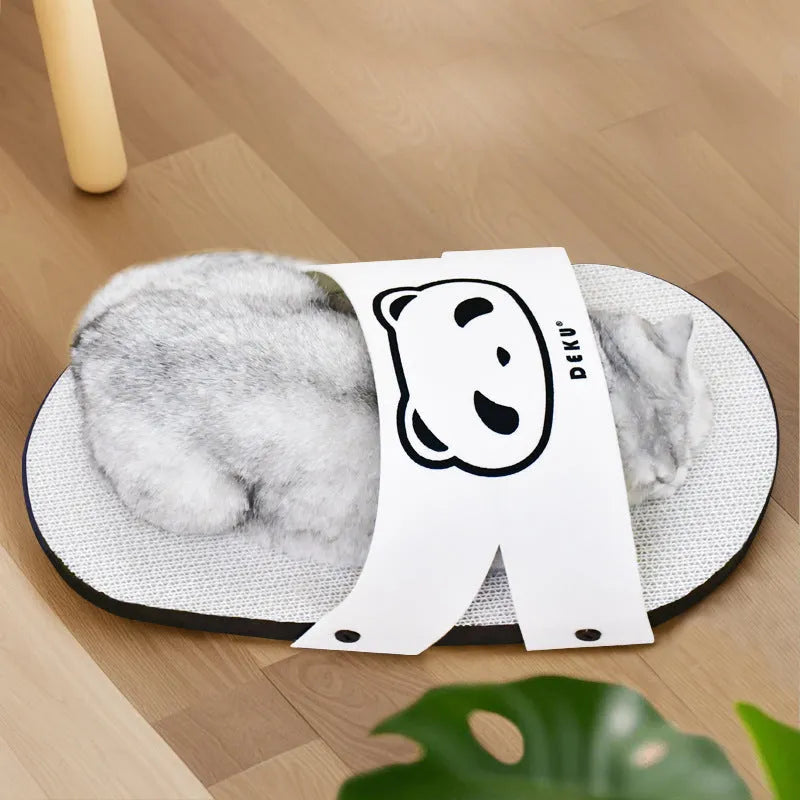White corrugated paper cat scratch board with slipper design on flat surface