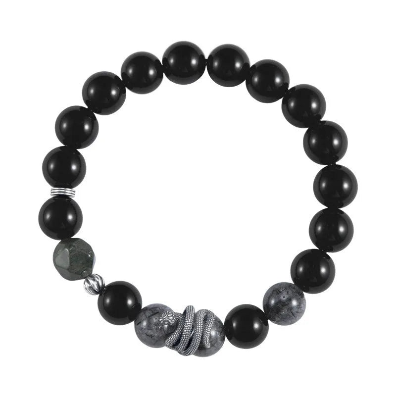 Men's S925 sterling silver snake zodiac bracelet with black obsidian charm on wrist
