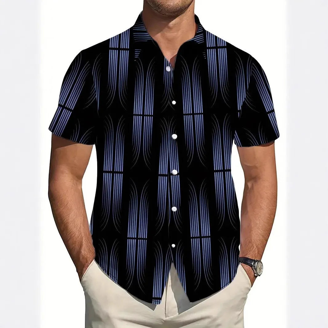 Men's geometric line pattern printed short sleeve shirt with lapel collar in slim fit style