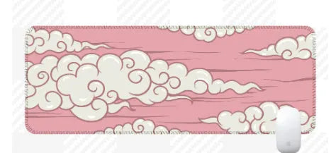 Large cloud pattern rubber desk mat and mouse pad on a wooden desk