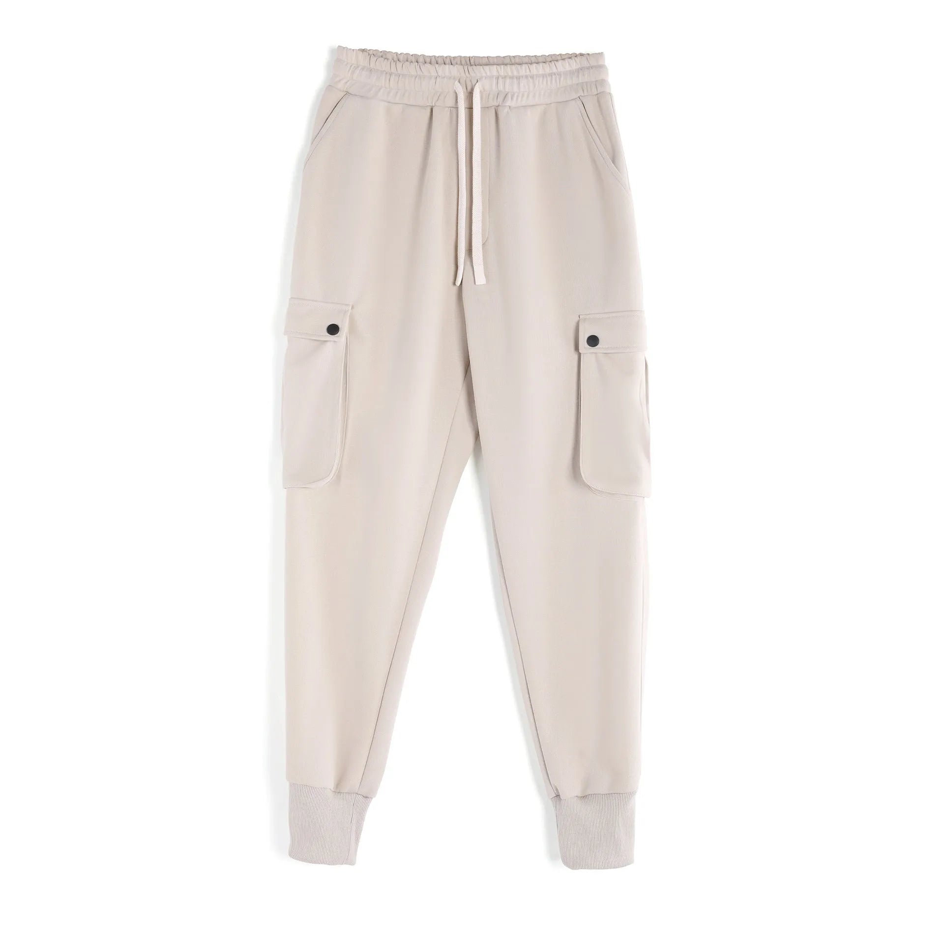 Men's loose cotton sports trousers with ankle tie detail and multiple pockets in apricot colour