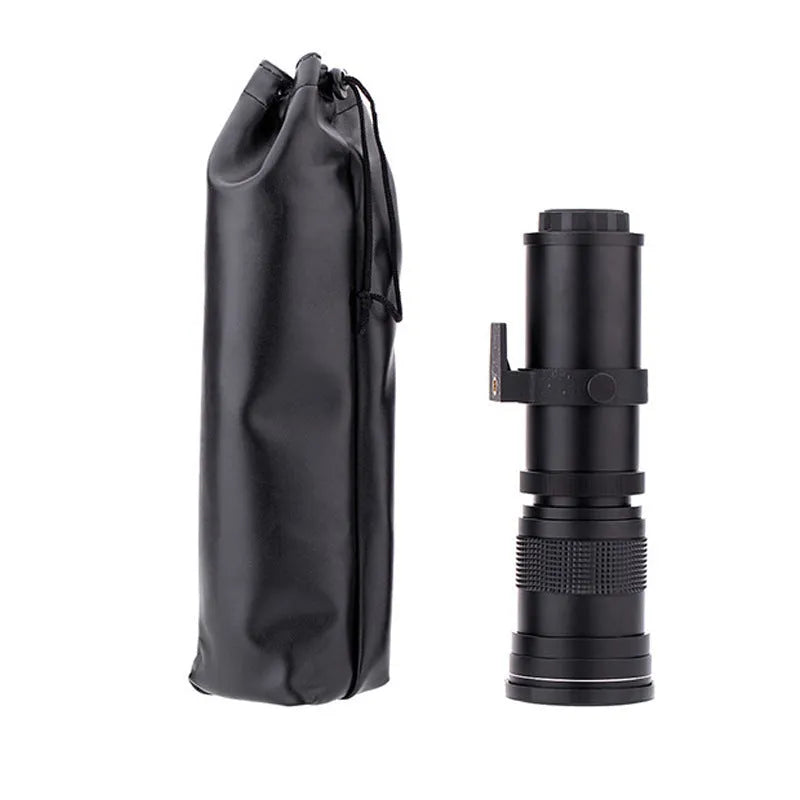 420-800mm manual telephoto zoom lens with T-mount, black barrel, 67mm filter thread, for DSLR cameras