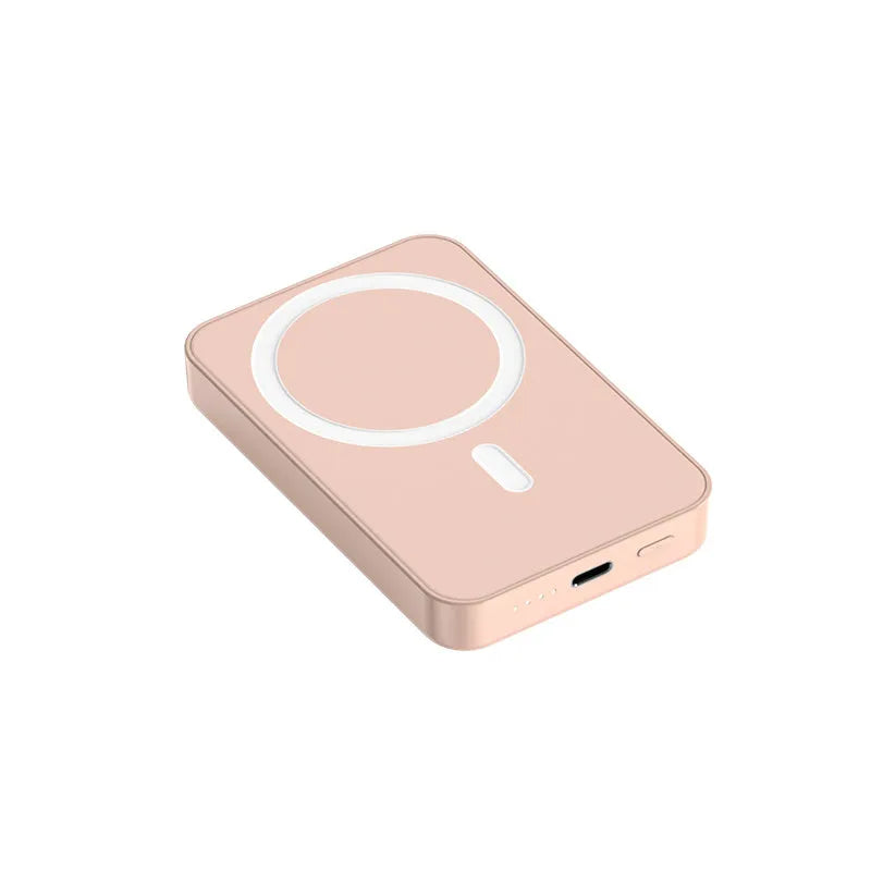 Pink magnetic wireless power bank with 20000mAh capacity measuring 100x64x18mm