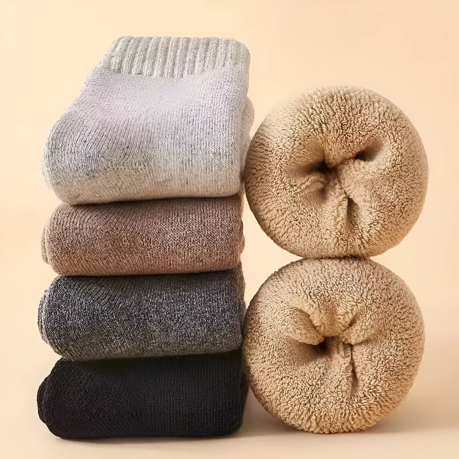 Pair of thick wool winter socks with a merino midsole in a neutral colour on a presentation box.