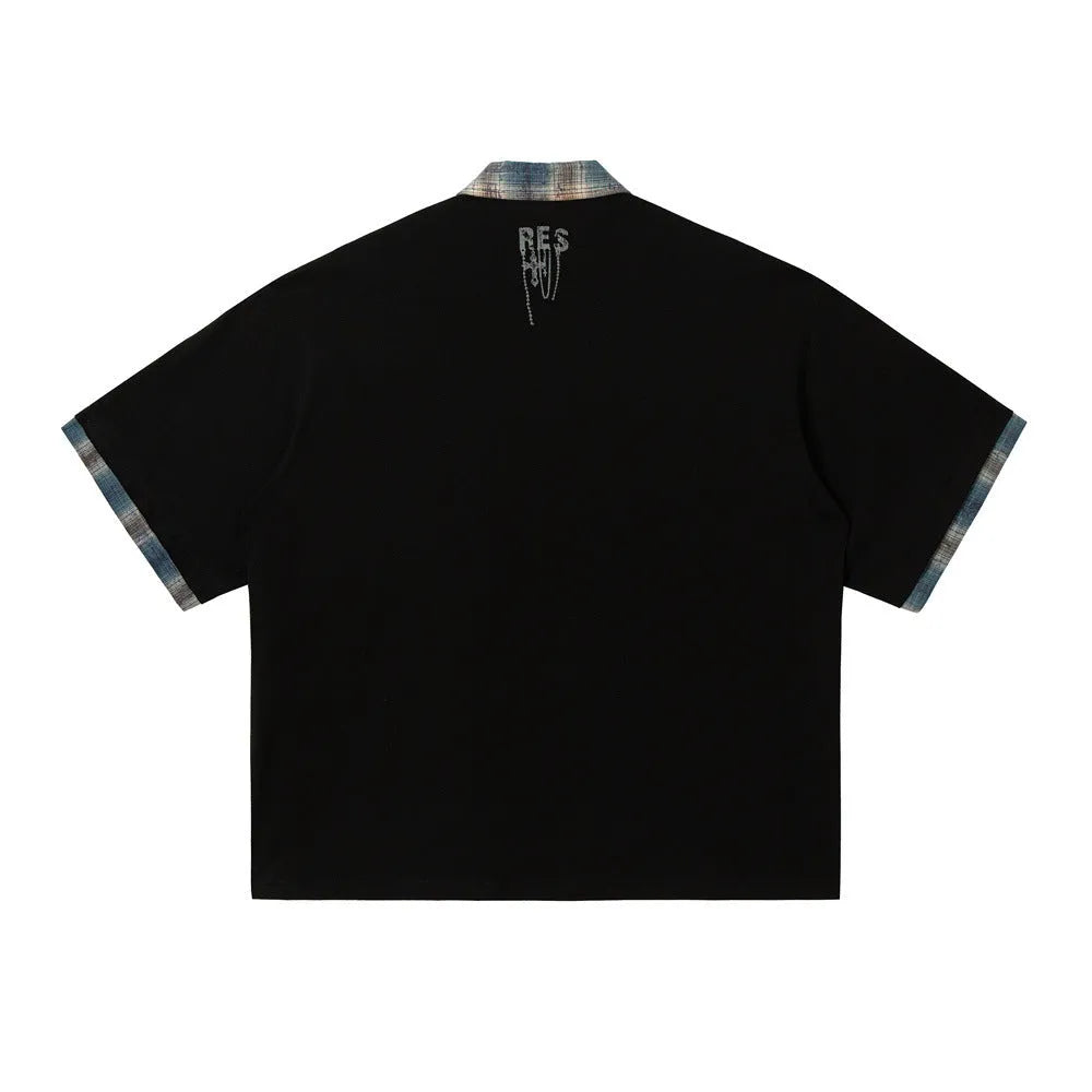 Men's graffiti print cotton short-sleeved top with asymmetric lapel in loose street style fit