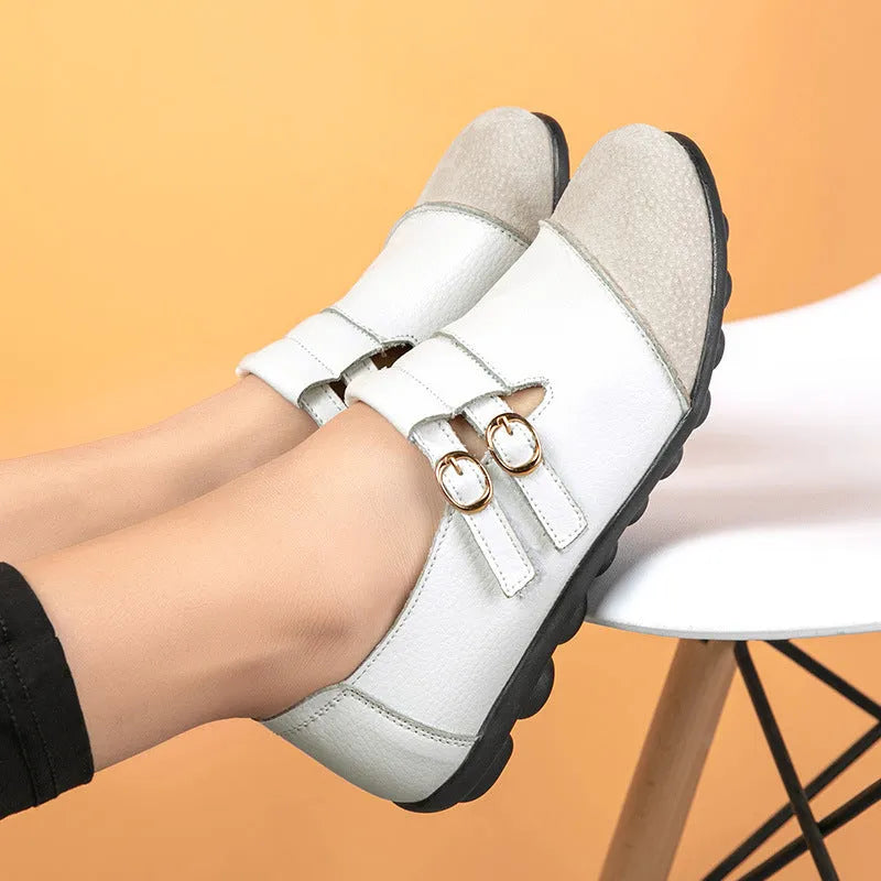 Button plus size casual all-match low top velcro peas flat shoes in cow split leather, round toe, black colour