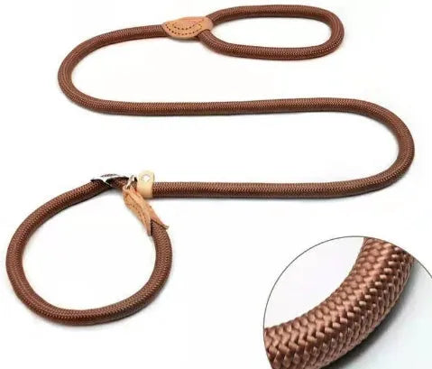 Brown nylon dog leash with hand loop, shown at full 2.1 metre length.