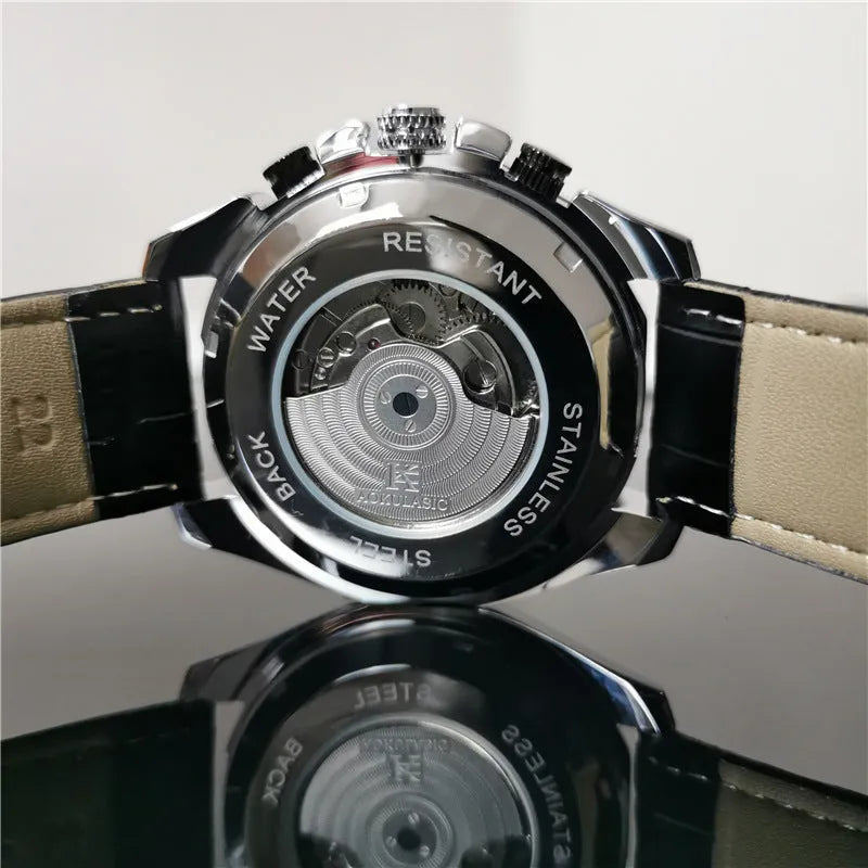 Men's automatic mechanical watch in silver case with white dial, black case with black dial, or gold steel options