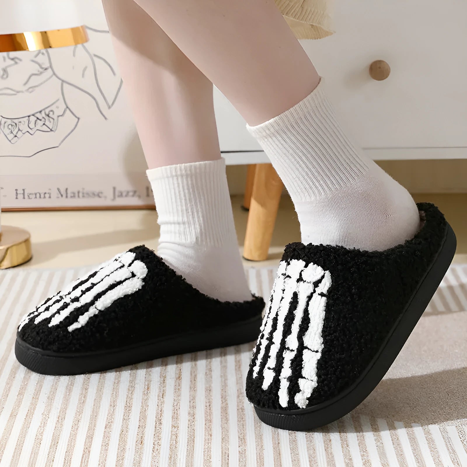Cartoon ghost hand thermal cotton slippers with suede upper and rubber sole on indoor floor