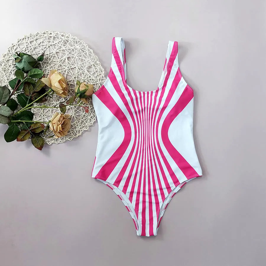 Pink striped women's one-piece swimsuit with digital printing on front and rear