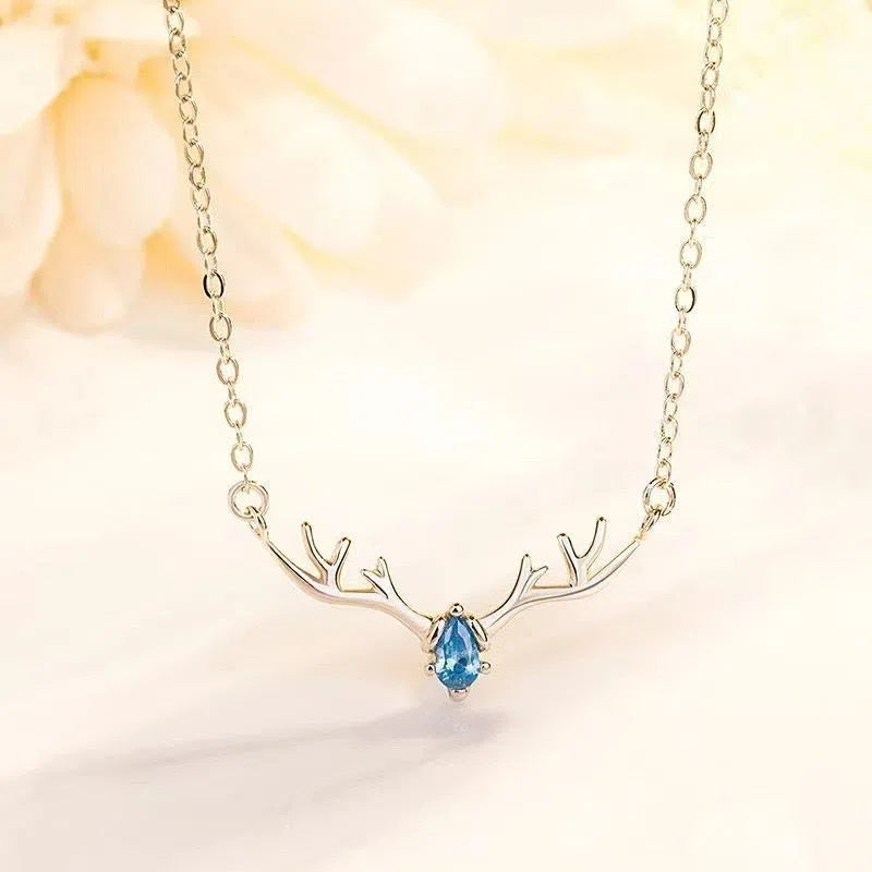 Women's copper deer pendant necklace with blue stone option on O-link chain, light luxury Korean style