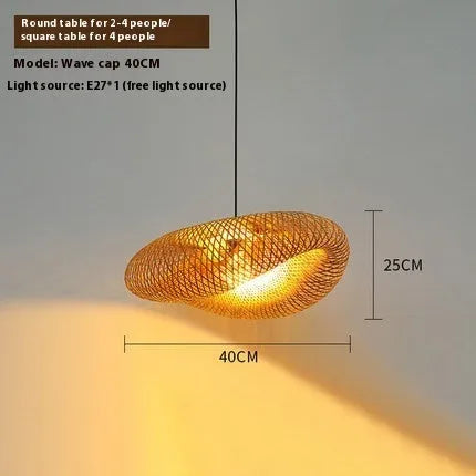 Handmade natural bamboo straw hat-shaped hanging lamp with woven rattan shade.