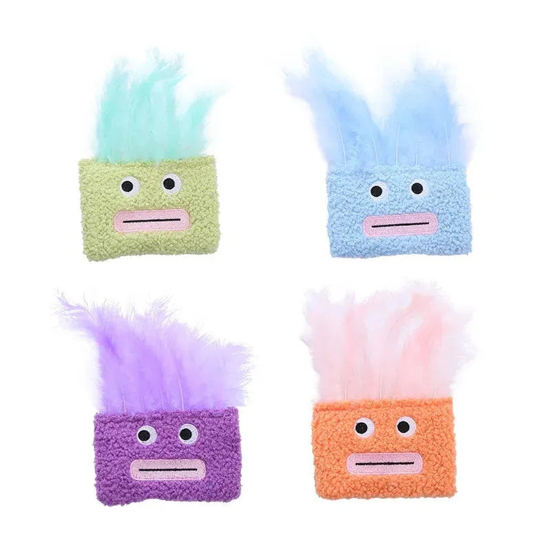 Big mouth explosion head shaped catnip plush toy in blue, green, orange, and purple colours