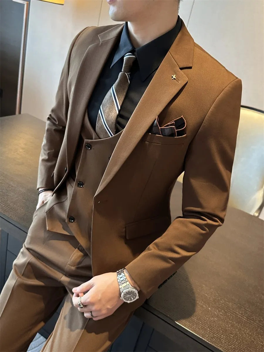 Men's slim fit formal suit jacket in dark green, shown on a model, featuring a notched lapel and button front.