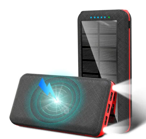 Qi wireless solar power bank with 3 USB outputs and LED flashlight in black plastic shell