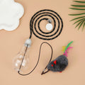 Creative interactive cat toy hanging on door frame with gray and yellow colour options, elastic rope, and treat dispensing bulb