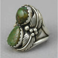 Women's geometric turquoise ring with inlaid design on metallic electroplated alloy band