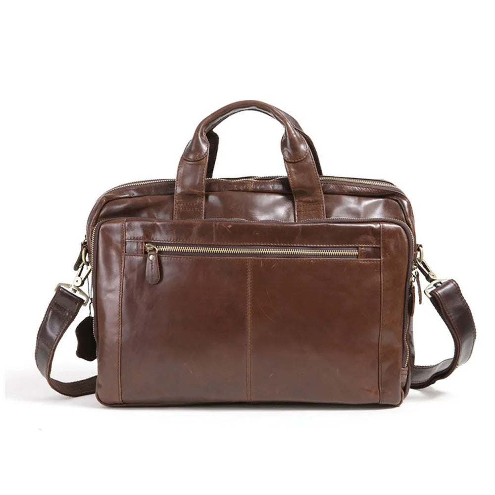Brown 18-inch men's business briefcase in first-layer cowhide leather with polyester cotton lining