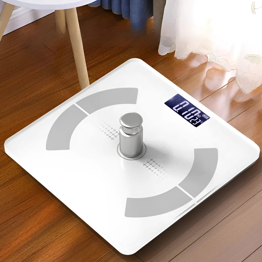 Smart Bluetooth rechargeable body fat scale in white, black or pink colour options