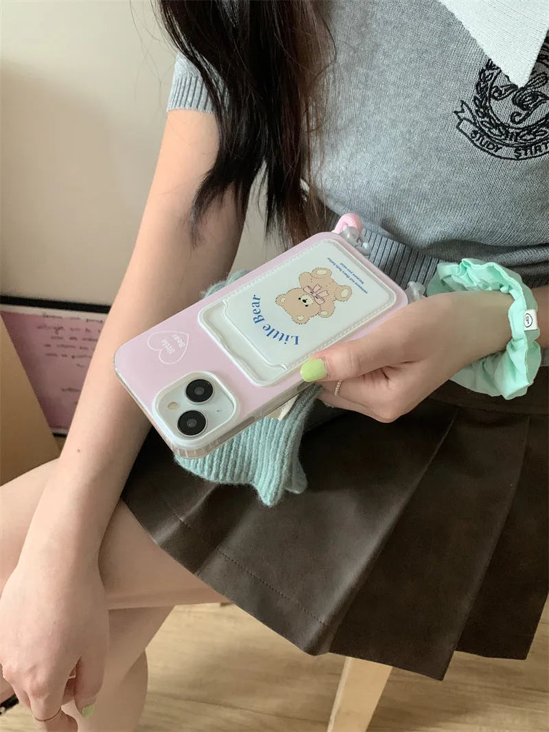 Pink bear TPU card holder lanyard phone case for iPhone 11 to 15 Pro Max with detachable strap