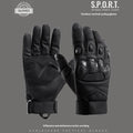 Men's black tactical full finger gloves with touch screen fingertips on a hand.