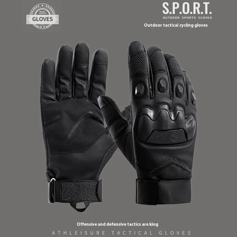 Men's black tactical full finger gloves with touch screen fingertips on a hand.
