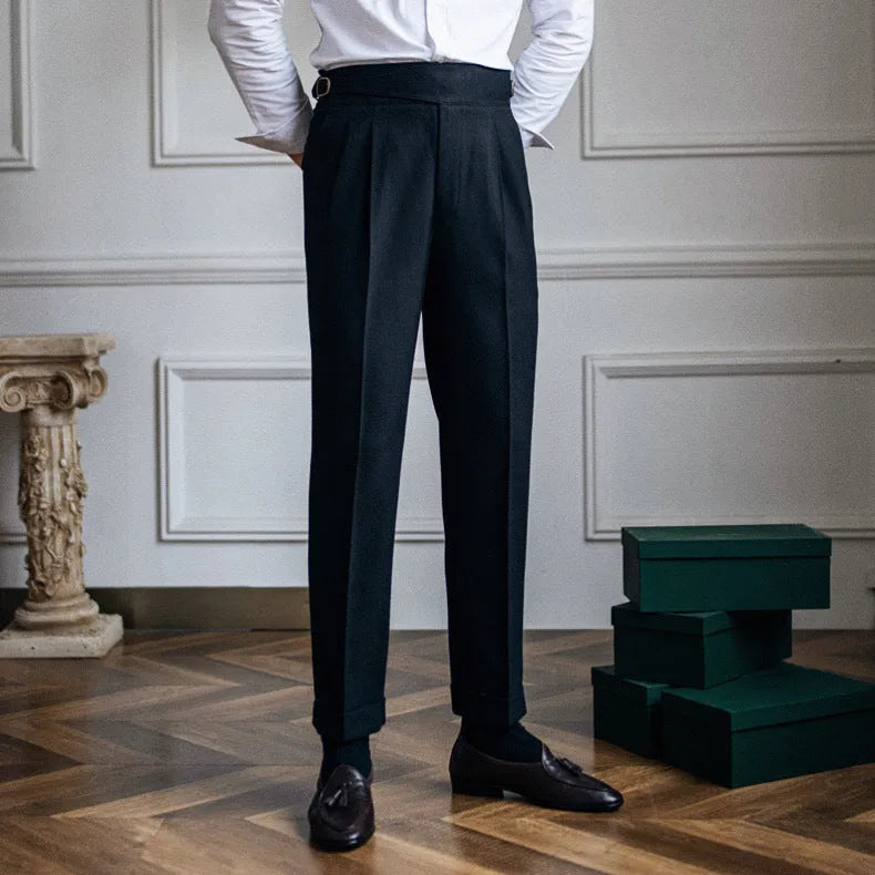 Men's high waist straight leg casual trousers in black, shown on a hanger.