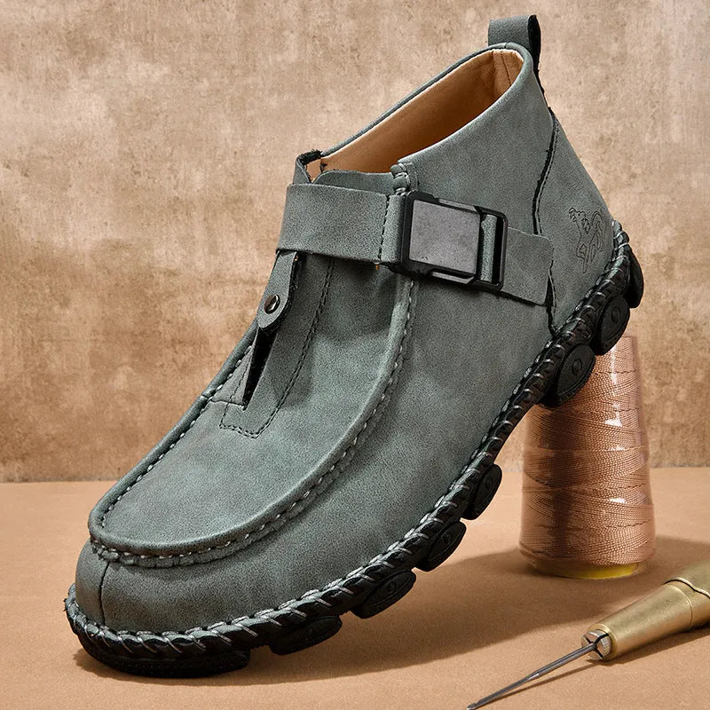 Men's handmade sewn casual slip-on shoes in black synthetic leather with a flat sole