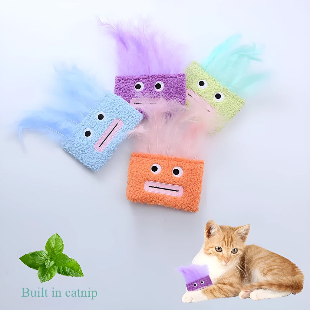 Big mouth explosion head shaped catnip plush toy in blue, green, orange, and purple colours
