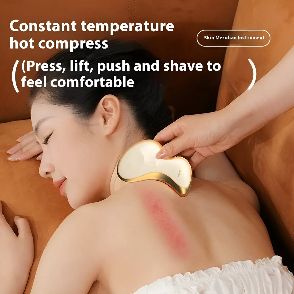 Golden yellow electric scrapping plate with heated vibration massage functions for meridian therapy