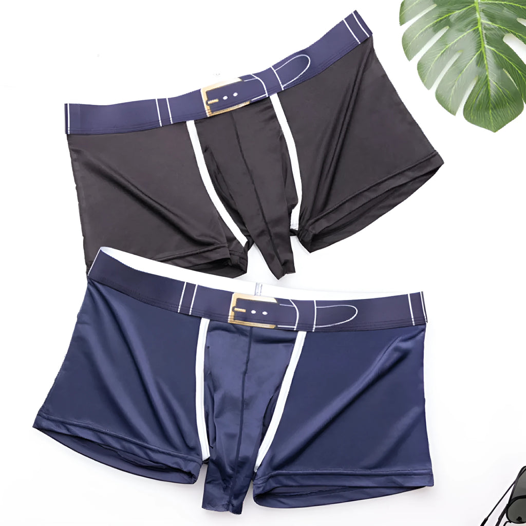 Men's solid colour ice silk boxers in mid waist style showing grey, black, green and blue options