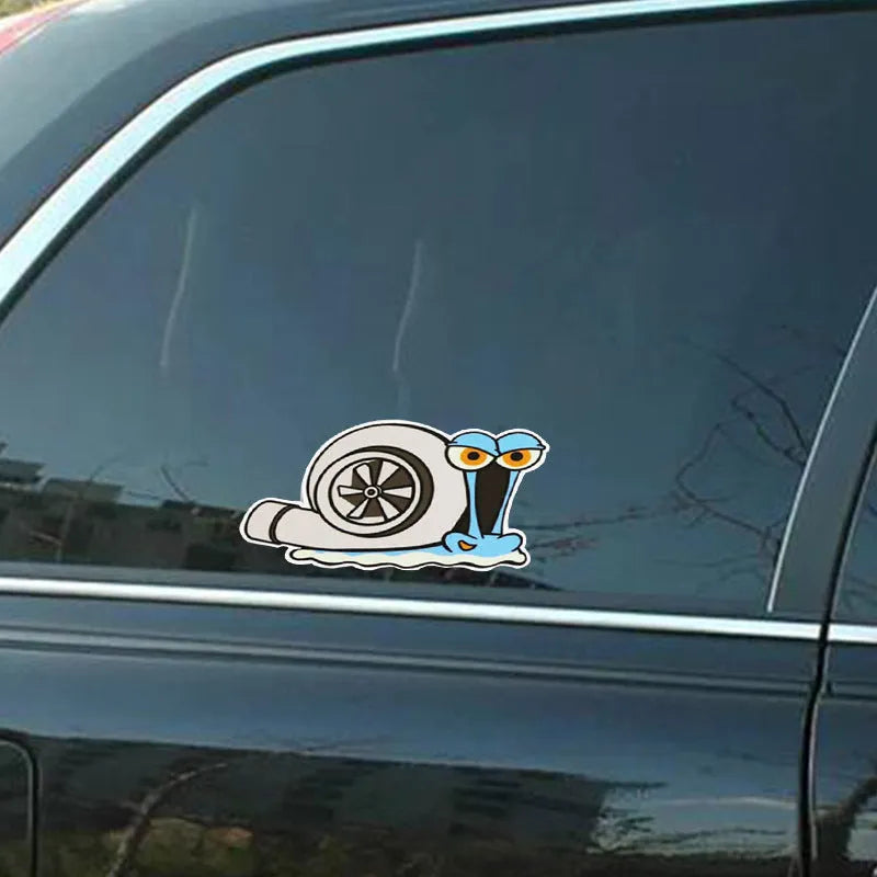 White reflective car bumper sticker with cartoon design measuring 12cm by 8cm