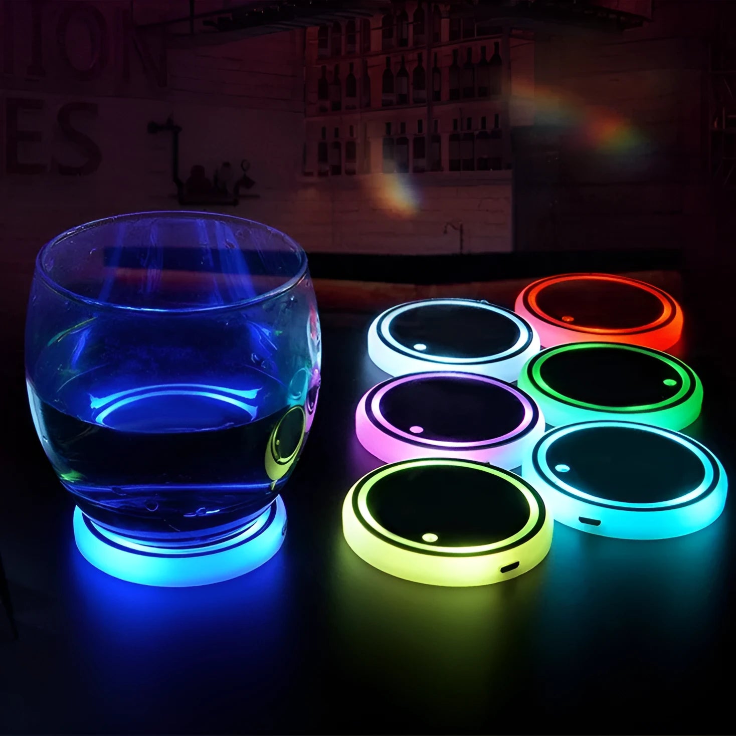 LED light-up coaster for car cup holder with seven colour changing modes and USB charging cable