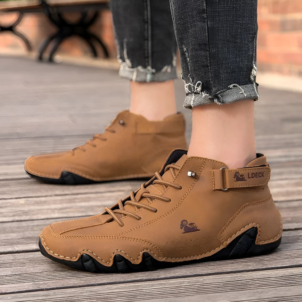 Men's Octopus brand high top shoes in khaki, grey, black, or green with a round toe and flat rubber sole.