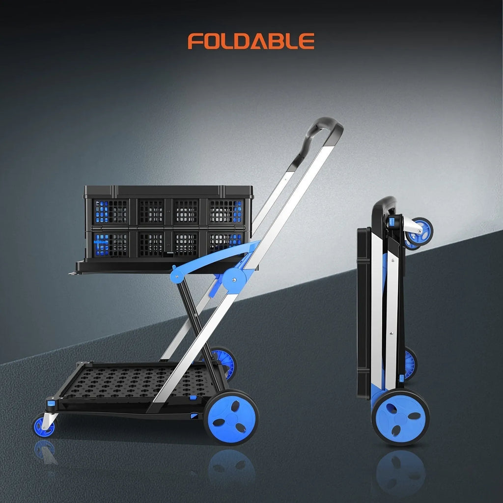 Foldable blue shopping trolley with double-layer plastic baskets, shown both assembled and collapsed.