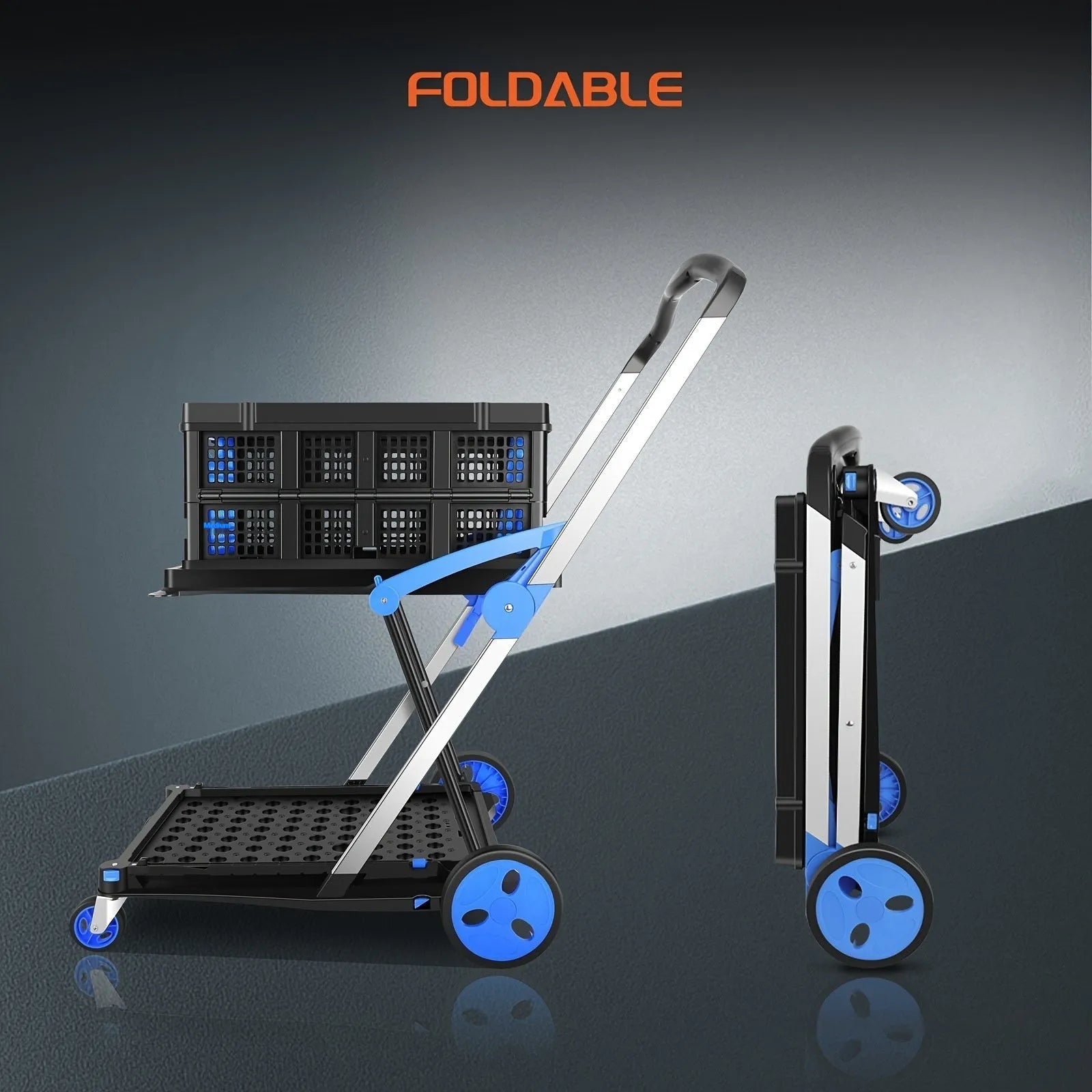 Foldable blue shopping trolley with double-layer plastic baskets, shown both assembled and collapsed.