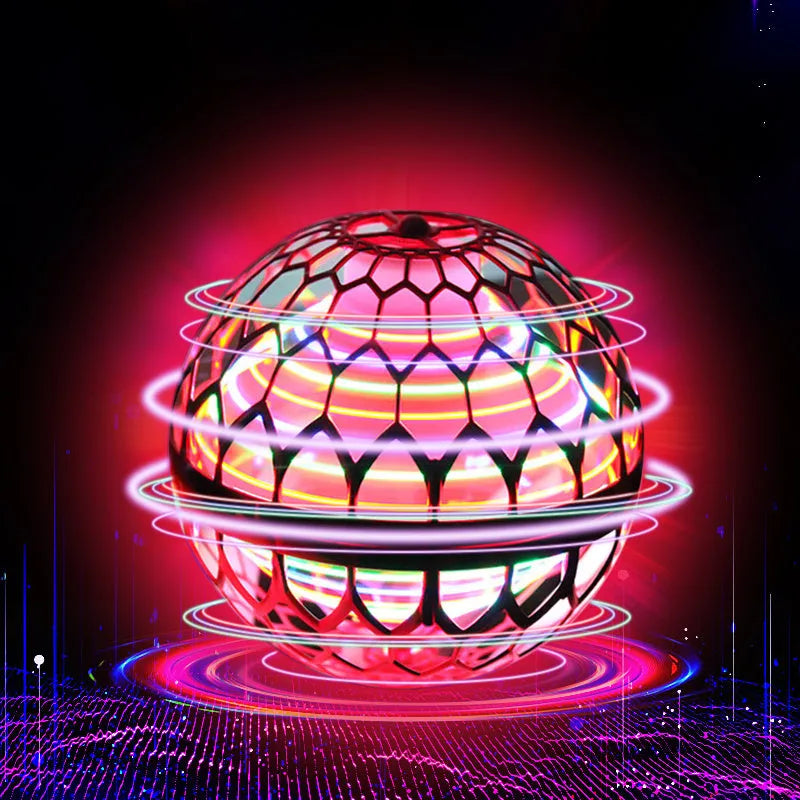 Blue flying ball spinning game with colourful LED lights levitating above hand with magic wand accessory